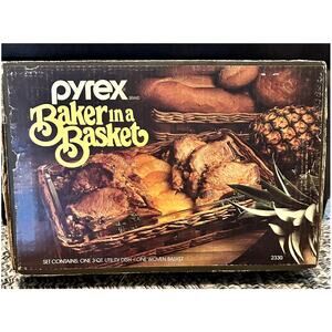 Vintage Pyrex Baker in a Basket BOX 3 Quart Bakin Dish With Woven Basket #2330